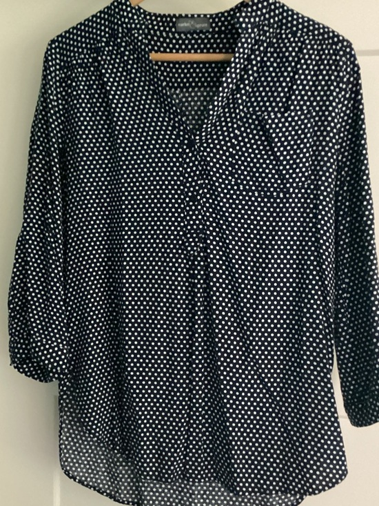 Market & Spruce Tops - Market & Spruce Navy and White Polka Dot V-Neck Blouse